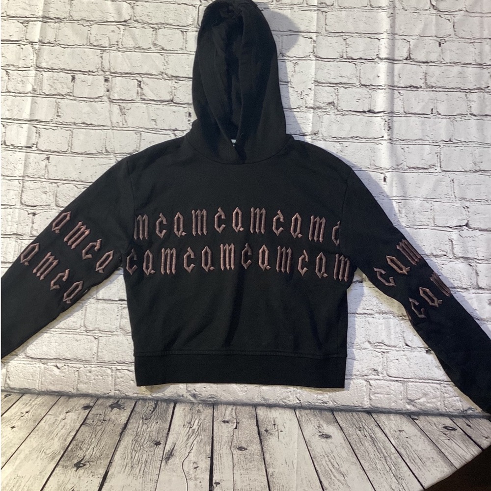 McQ Alexander McQueen Black Cropped Hoodie Gothic Logo Embroidered Sweatshirt